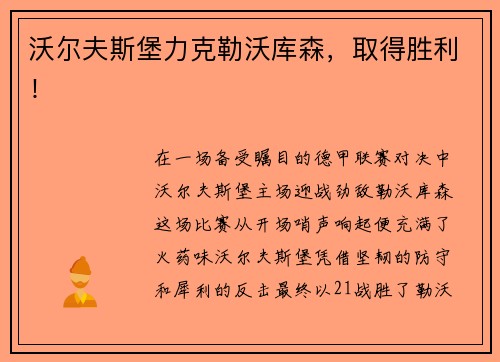 沃尔夫斯堡力克勒沃库森，取得胜利！