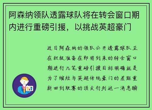 阿森纳领队透露球队将在转会窗口期内进行重磅引援，以挑战英超豪门